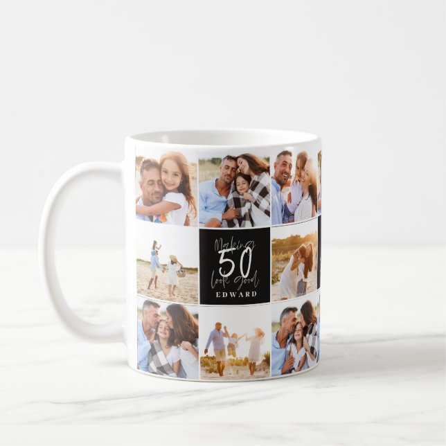 Mug 50e anniversaire bon noir photo collage chic  (Gauche)