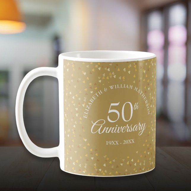 Mug 50e Anniversaire de Mariage Cœurs Dorés (50th Wedding Anniversary Golden Hearts Coffee Mug)