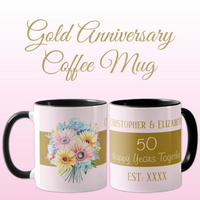 Mug 50e anniversaire or fleurs noms rose (Créateur téléchargé)