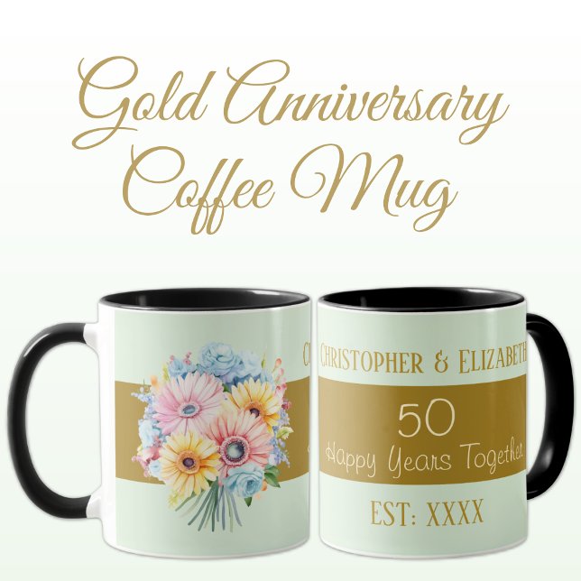 Mug 50e anniversaire or fleurs noms vert (Créateur téléchargé)