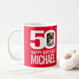 Mug 50e anniversaire rouge blanc personnalisé nom phot