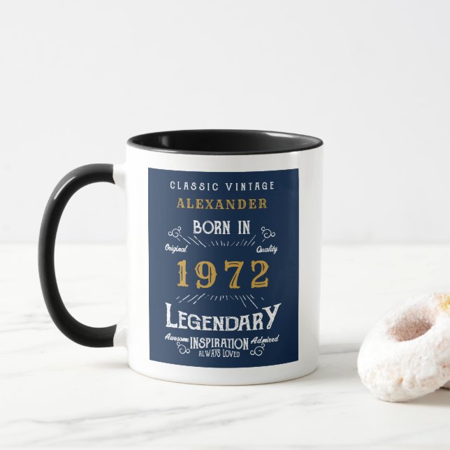 Mug 50th Birthday 1972 Ajouter Nom Retro Blue Gold (Avec donut)