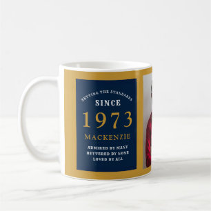 Mug 50th Birthday 1973 Blue Gold Ajouter Nom Photo