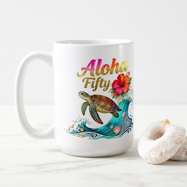 Mug 50th Fifty Birthday Tropical Ocean Beach Theme (Avec donut)