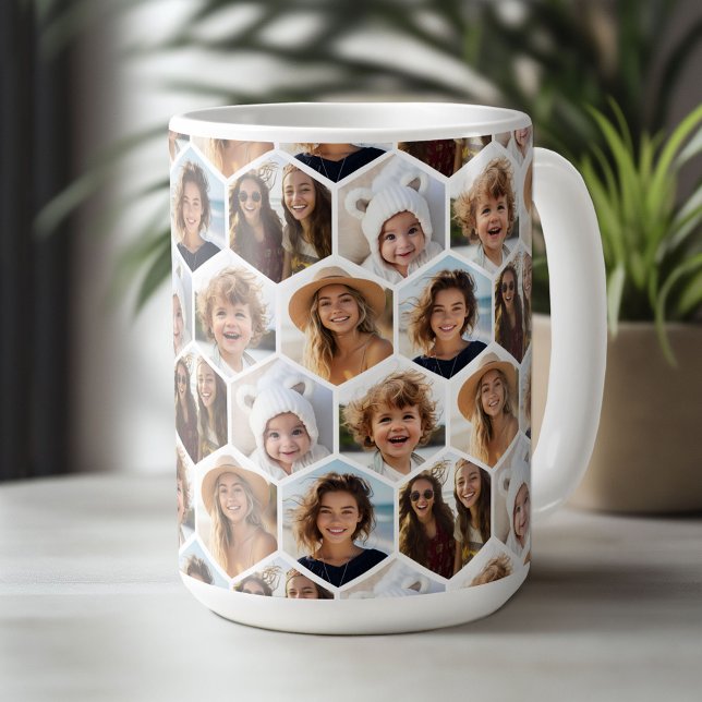 Mug 5 Photo Collage Honeycomb Hexagon Motif - blanc (Custom Photo Mug)