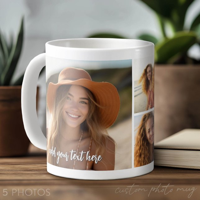 Mug 5 Photo Collage - Mod Minimal avec texte de script (Custom Photo Mug with 5 Photos)