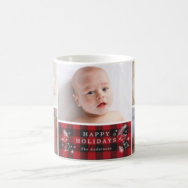 Mug 5 Photo Joyeuses Vacances Buffalo Plaid Personnali (Centre)
