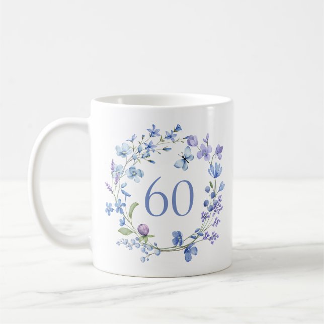 Mug 60e anniversaire Monogramme floral bleu (Gauche)