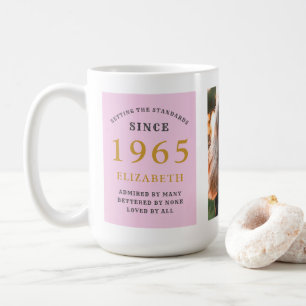 Mug 60th Birthday 1965 Pink Grey Ajouter un nom Photo