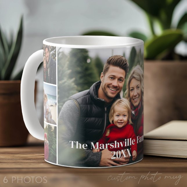 Mug 6 Collage de photos avec fond blanc - Texte Serif (Photo Mug with 6 Photos)