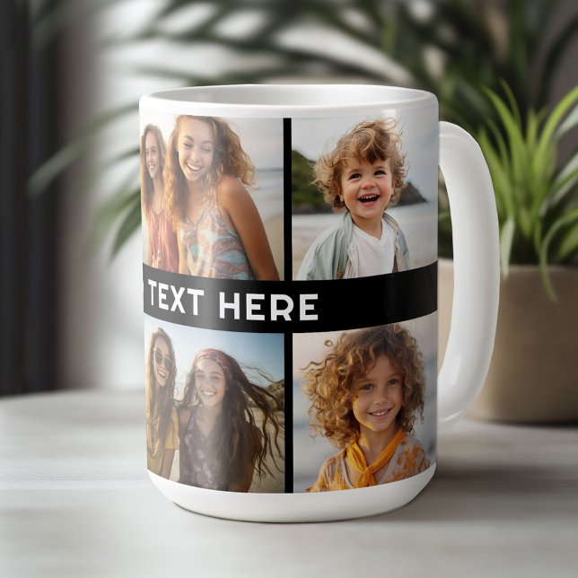 Mug 6 Collage photo 1 ligne de texte — CAN Edit Black (Custom Photo Mug)