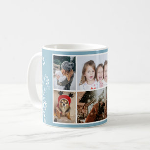 Mug 6 Photo Collage Foliage Blue Christmas Family