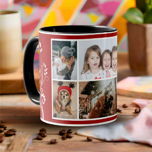 Mug 6 Photo Collage Foliage Rouge Famille de Noël
