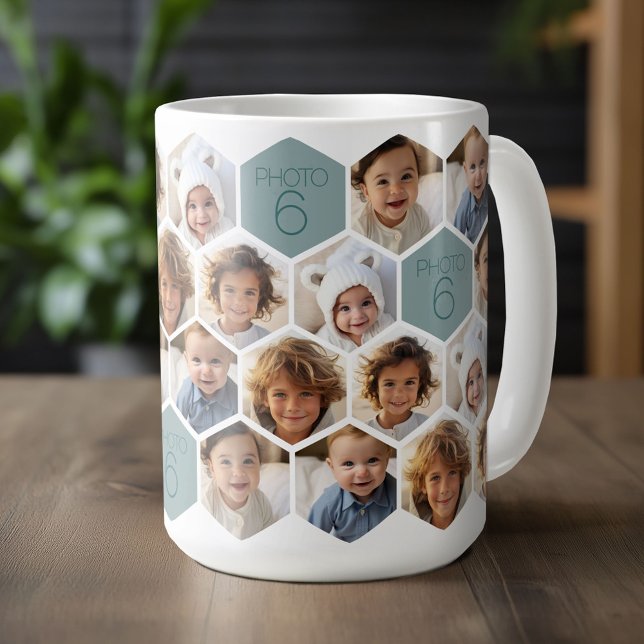 Mug 6 Photo Collage - funky honeycomb motif - blanc (Custom Mug with Photo Collage in a Honeycomb Pattern)