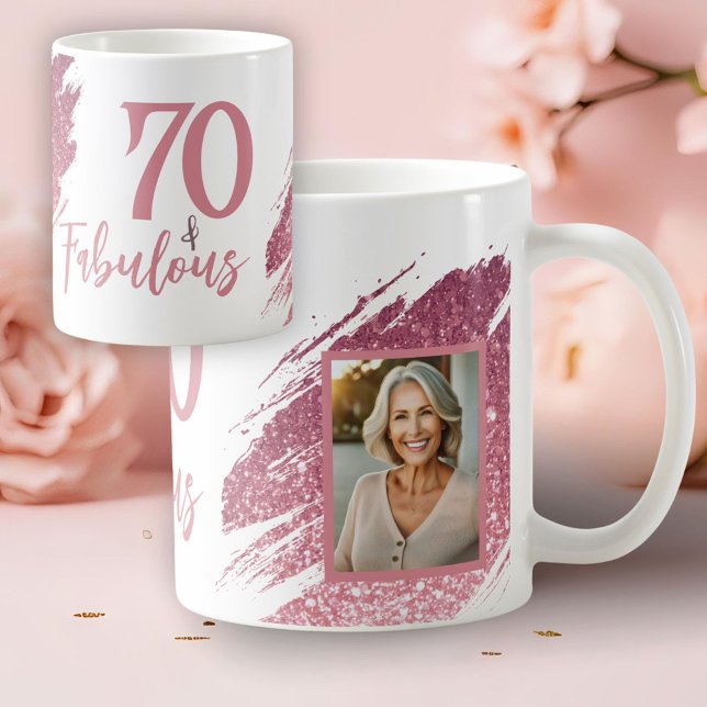 Mug 70 ans & Fabuleux Rose Pailleté 2 Photo 70e Annive (Créateur téléchargé)