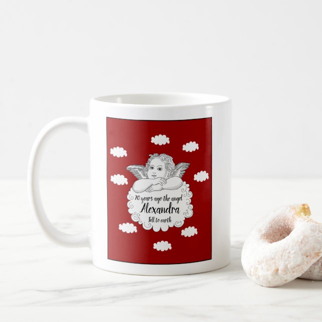 Mug 70th Birthday Red Christian Angel Ajouter un nom a (Avec donut)
