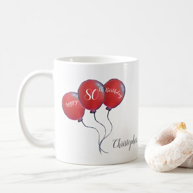 Mug 80e anniversaire cadeau de ballon rouge (Avec donut)