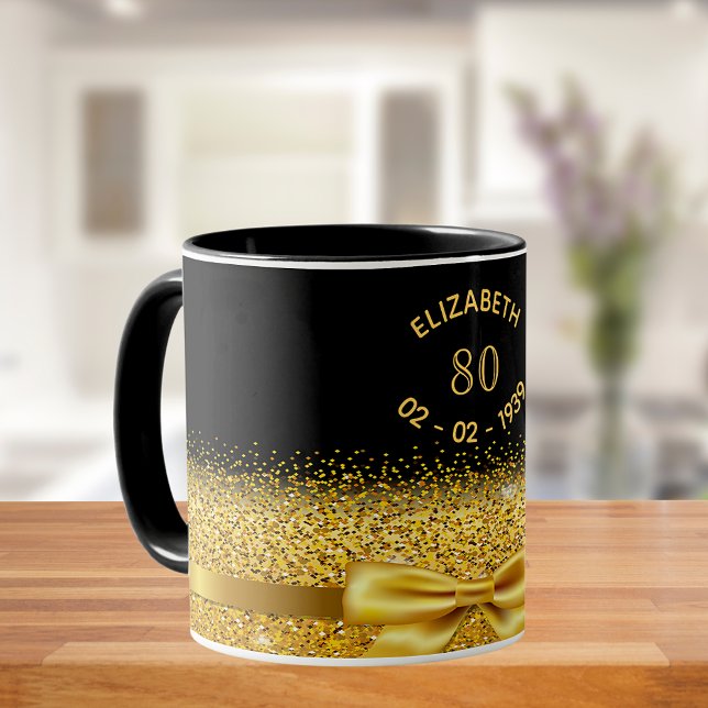 Mug 80e anniversaire noir or classique élégant nom d'a (Créateur téléchargé)