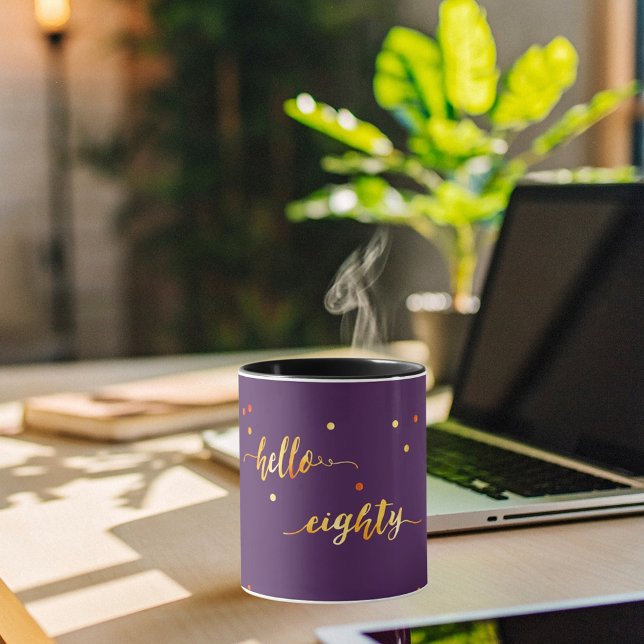 Mug 80e anniversaire or violet bonjour 80 typographie (Créateur téléchargé)