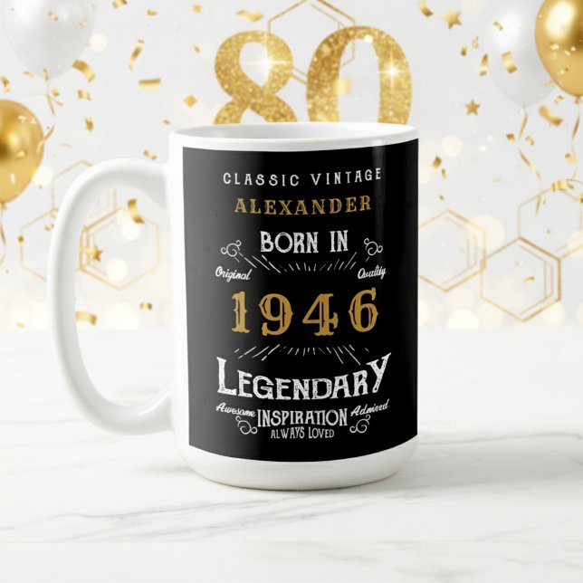 Mug 80th Birthday 1946 Legendary Retro (1946 coffee mug with white and gold background.)