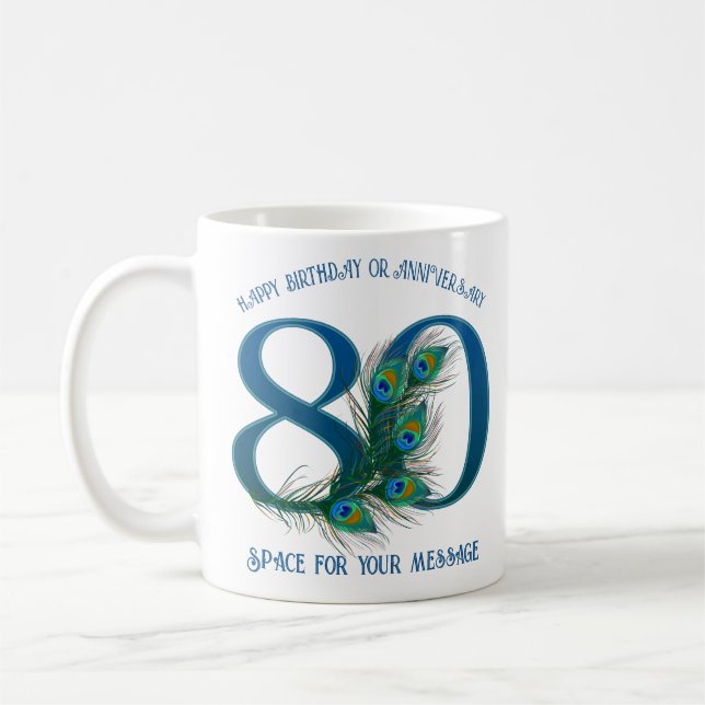 Mug 80th Birthday Or Anniversary Peacock Feather (Gauche)
