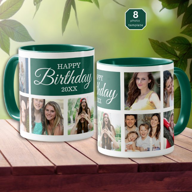 Mug 8 Photo Collage Green Happy Birthday     (Créateur téléchargé)