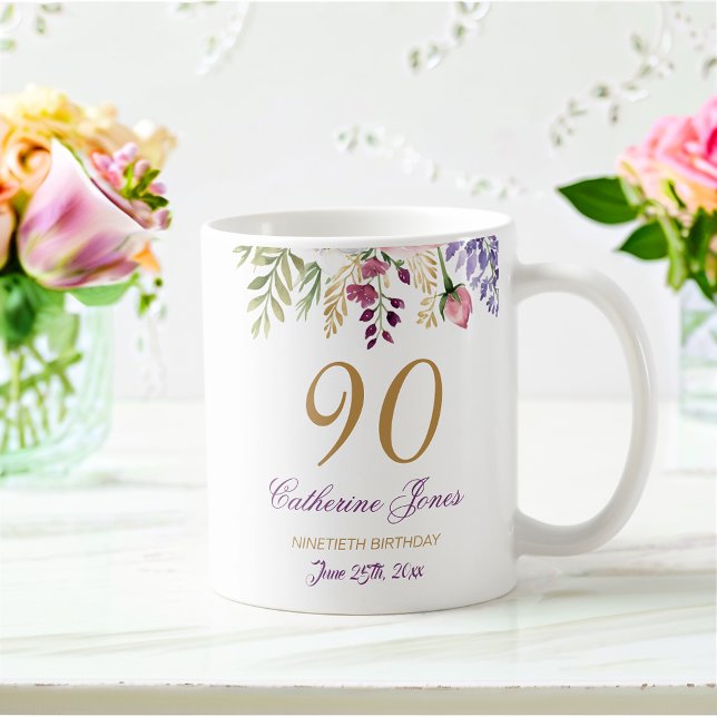 Mug 90e anniversaire Floral Bouquet Gold Accents (Créateur téléchargé)