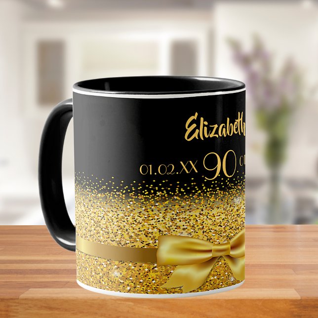 Mug 90e anniversaire noir or nom classique élégant (Créateur téléchargé)
