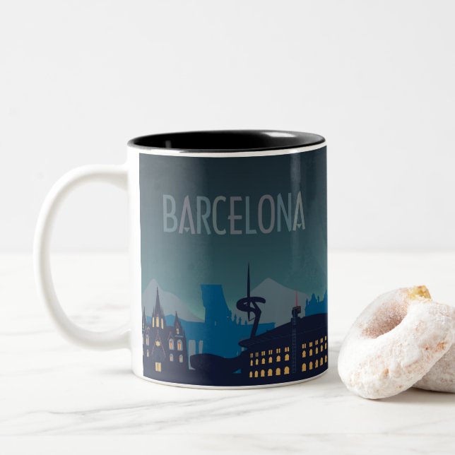 Mug à café à deux tons Skyline de Barcelone (Avec donut)