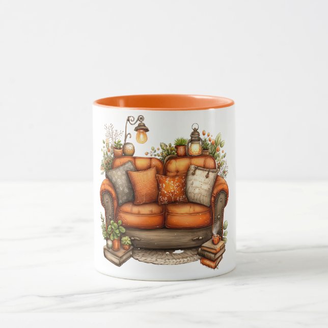 Mug à café aux tons chauds de canapé et fleurs (Centre)