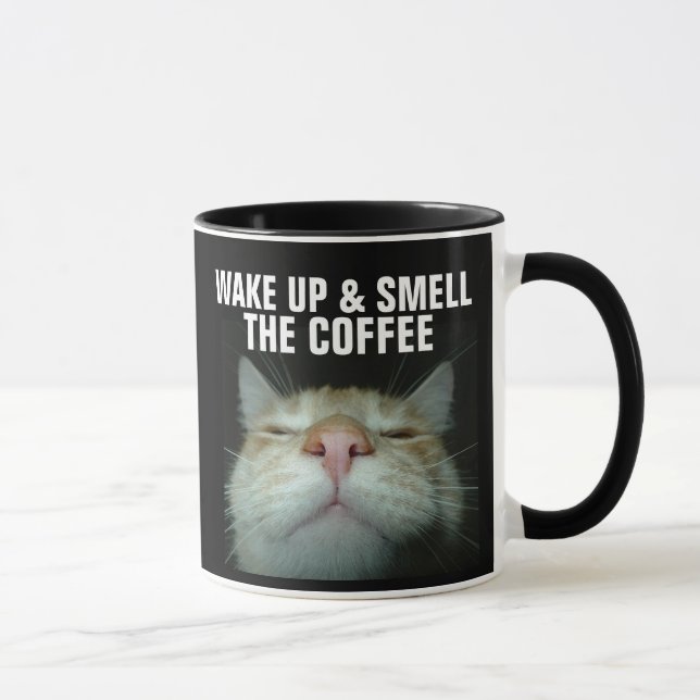 MUG À CAFE CHAT DRÔLE, RÉVEILLEZ-VOUS & SENTEZ L'A (Droite)