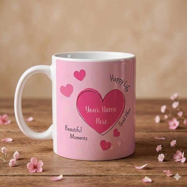 Mug à café Cœurs roses personnalisé (Pink ceramic mug with pink hearts and customizable texts.)