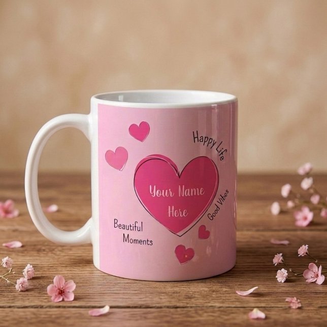 Mug à café Cœurs roses personnalisé (Fully customizable pink hearts coffee mug with editable text)