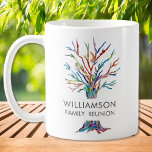 Mug à café de réunion familiale personnalisée<br><div class="desc">Cette chic tasse Family Reunion abrite un arbre généalogique en mosaïque colorée. Facile à personnaliser avec votre nom de famille. Parce que nous créons notre propre oeuvre, vous ne trouverez pas cette image exacte d'autres designers. Utilisez l'option Personnaliser supplémentaire pour modifier la taille, le style ou la couleur du texte...</div>