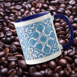 Mug à café en faïence florale vintage bleu et blan