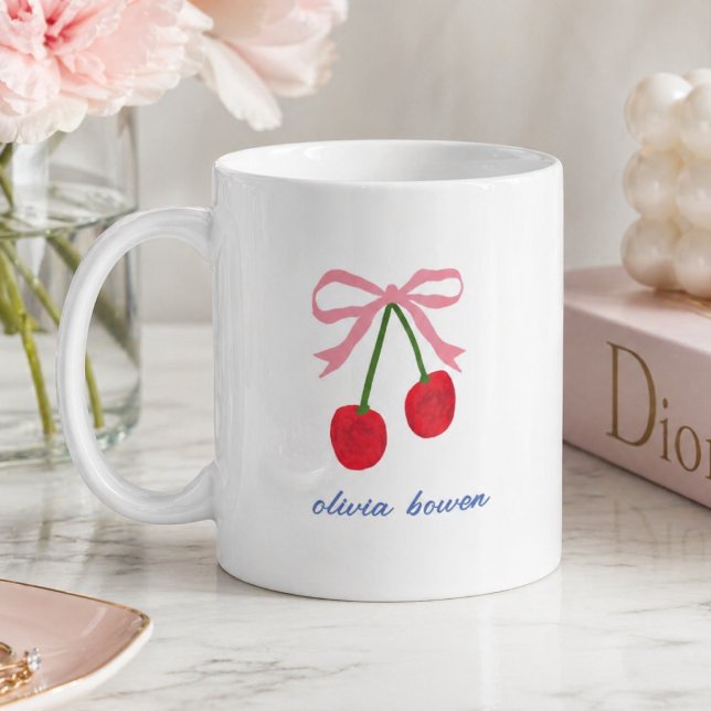 Mug à café | Illustration mignonne au nœud papillo (A cute custom design mug with coquette bow and cherries, perfect for gifting or everyday use)