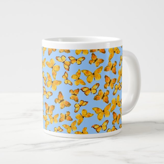 Mug à café Jumbo, Papillons d'or sur Sky Blue (Devant droit)