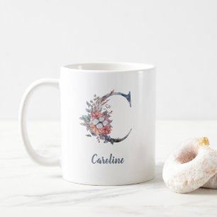 Mug à café personnalisé avec monogramme floral ble