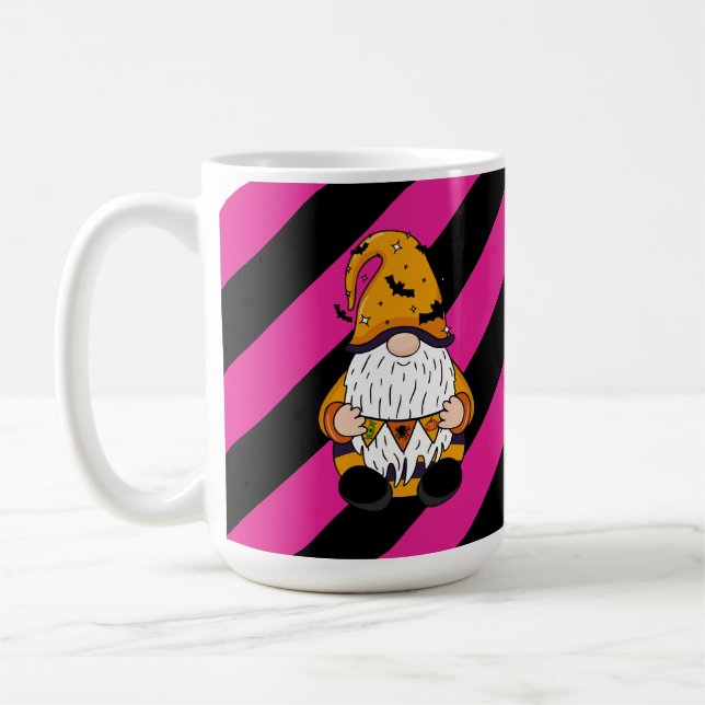 Mug à café rayé noir et rose Gnome Halloween (Gauche)