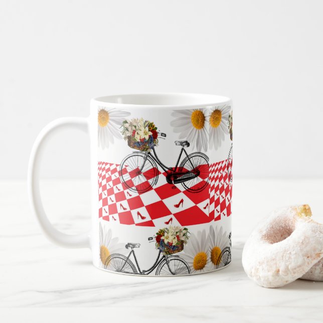 Mug à carreaux rouges vintage bicyclette (Avec donut)