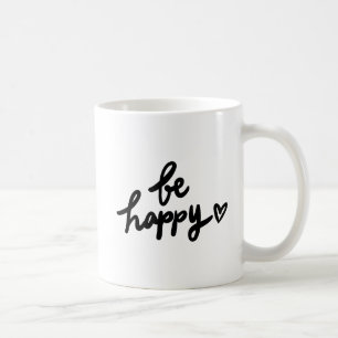 Mug à citation manuscrite noir et blanc Be Happy
