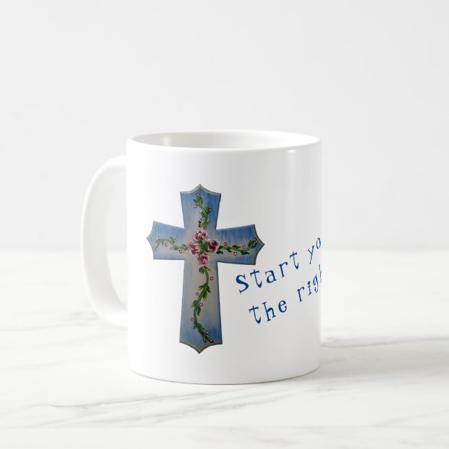Mug à croix peinte avec des fleurs d'art populaire (Devant gauche)