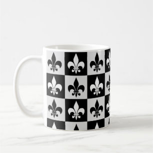 Mug à damiers Blanc Noir Fleur-De-Lis Motif
