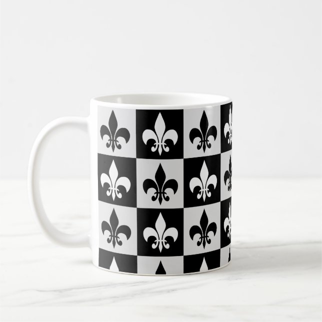 Mug à damiers Blanc Noir Fleur-De-Lis Motif (Gauche)