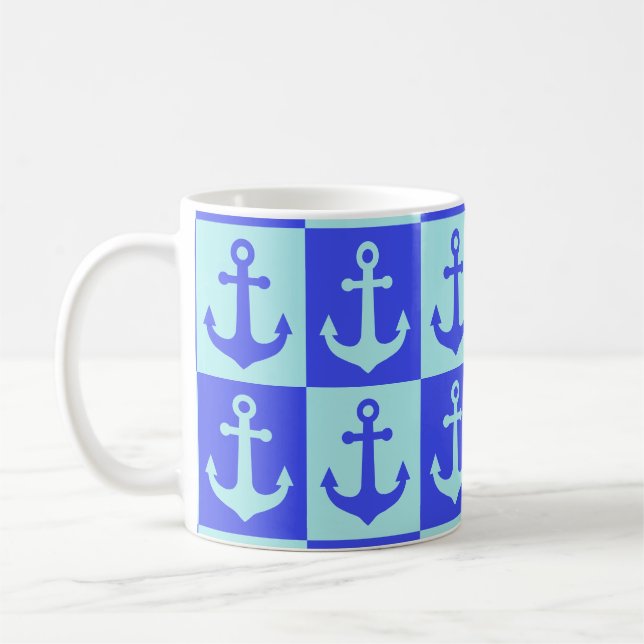 Mug à damiers Motif d'Ancre de navire - Ocean Blue Ton (Gauche)
