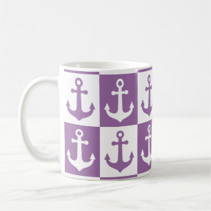 Mug à damiers Motif d'Ancre de navire - violet et blan