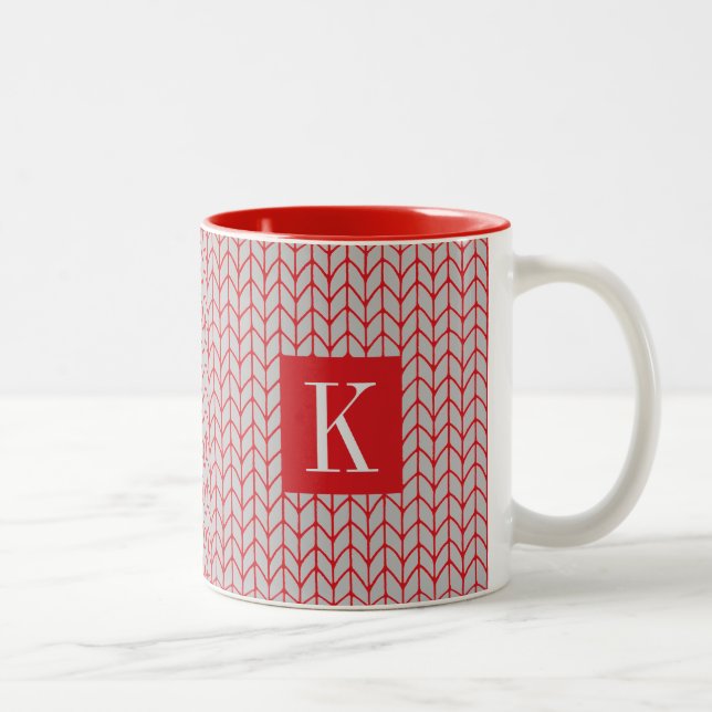 Mug à deux tons en tricot gris rouge + initiale II (Droit)
