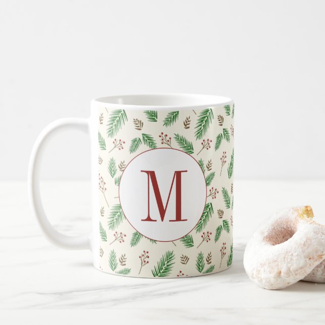 Mug À feuillage persistant hiver Floral Premier Monogr (Avec donut)