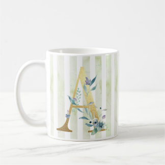 Mug A, initiale or sur bandes bleu et blanc