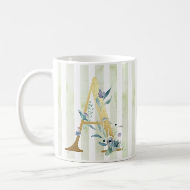 Mug A, initiale or sur bandes bleu et blanc (Gauche)